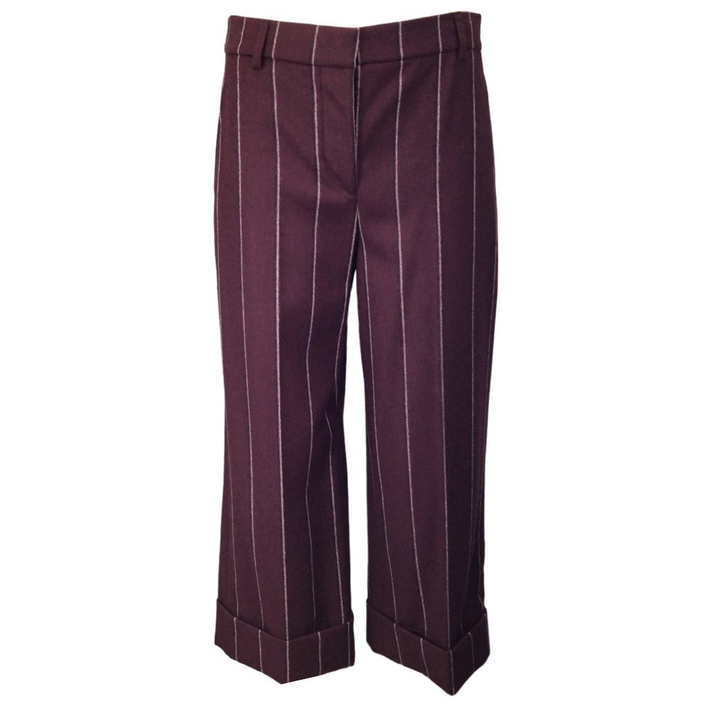 THOM BROWNE BURGUNDY PINSTRIPED CROPPED WOOL TROUSERS / PANTS